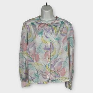 Vintage 70s White Watercolor Floral Pastel Metallic Secretary Blouse Size Large